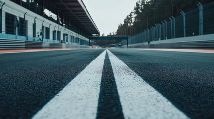 Fototapeta premium Asphalt racetrack with double white lines, leading to a covered pit area and trees