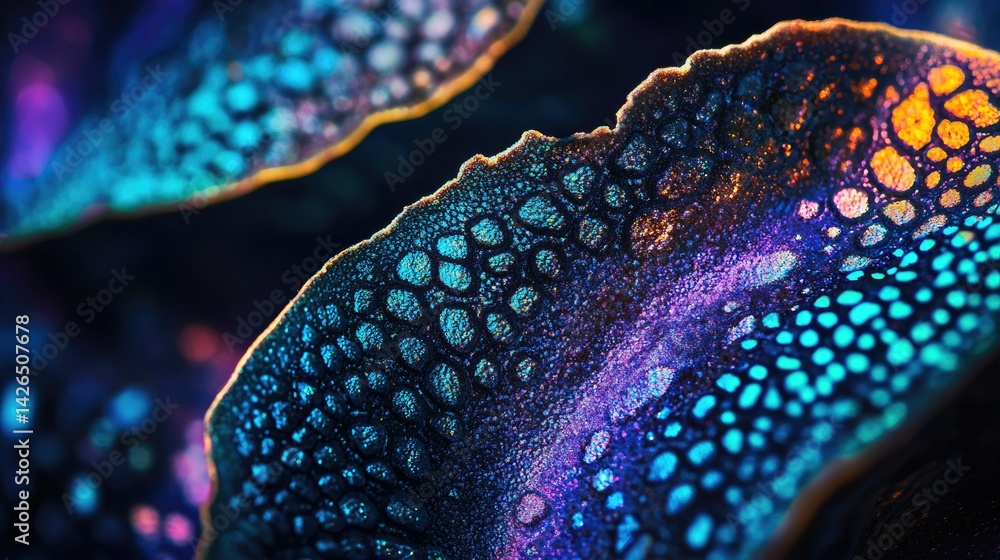 Poster an artistic macro shot of an intricate orchid petal, capturing its texture and vibrant hues in a lus