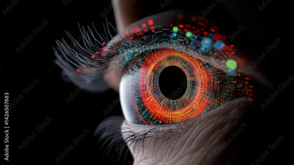 Poster close-up of a futuristic human eye with colorful data patterns representing technology and vision co