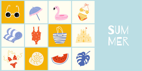 Summer banner, poster, cover, card with cute beach & vacation hand drawn doodle elements. Vector design template for sale, discount, branding, social media ads, promo, festivals, holiday greetings.
