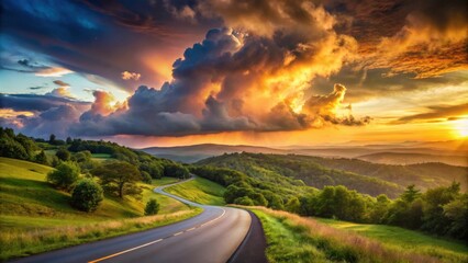 Serene Sunset Vista Winding Road Through Lush Green Hills and Dramatic Sky