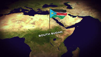 The Flag of South Sudan on the World Map, South Sudan map with flag 3d animation