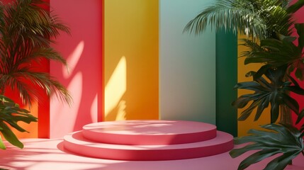 Obraz premium Pink podium with tropical plants against a colorful striped background.