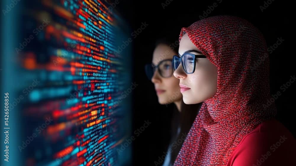 Poster two women analyzing digital data on display in a dark environment with focused expressions