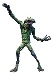 3D Rendering Green Alien on White