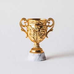 Golden Trophy Sticker with Curved Handles and Decorative Cup Form on Marble Base