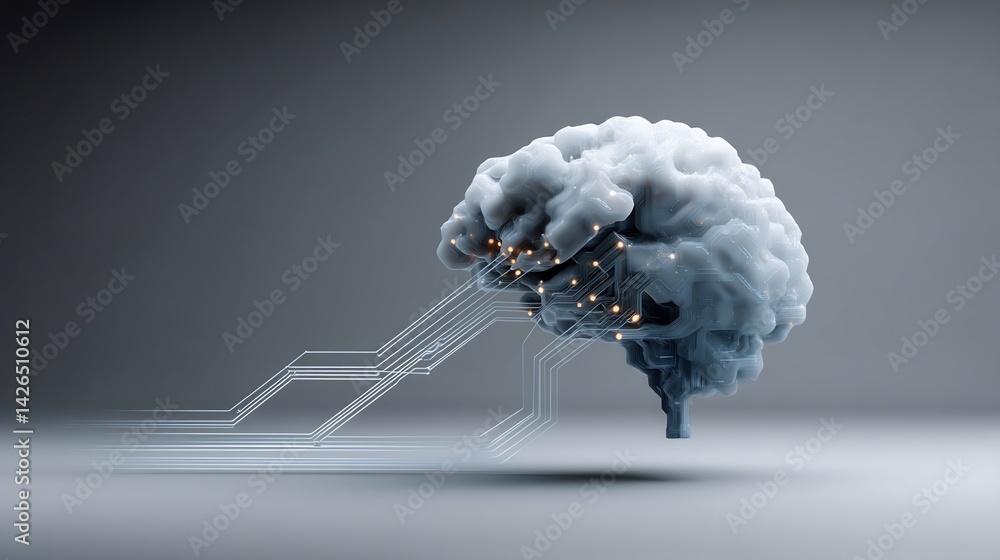Poster abstract representation of a cloud-like human brain connected to digital circuits
