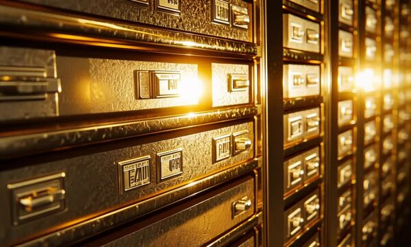 Gold-plated safety deposit boxes in a bank vault.