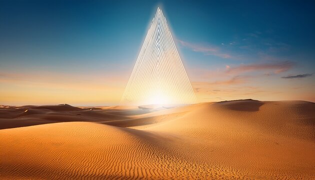 A futuristic desert landscape with a towering monolith emitting a pulsating light and geometric patterns in the sand.