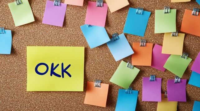 Yellow sticky note with "OKK" written on it, surrounded by colorful sticky notes pinned to a corkboard.