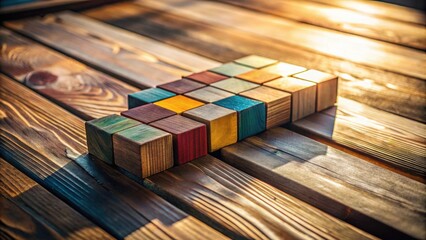 Obraz premium Colorful Wooden Blocks Arranged on Rustic Wooden Surface in Sunlight