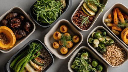 Organized gourmet meal prep containers filled with assorted vegetables and proteins.