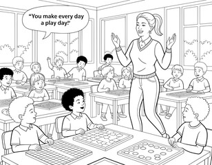 A black and white illustration of a classroom scene with diverse elementary-aged children actively participating in educational games