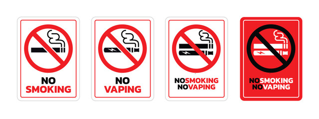 No smoking and no vaping sign vector set with stop sign, text, cigarette and tobacco. Sign for public, flat vector isolated on white background.