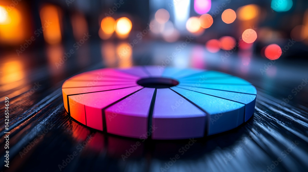 Poster a colorful circular object in gradient hues sits on a reflective surface with blurred background lig