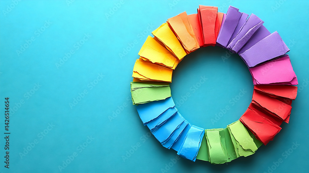 Poster a circle of layered colorful papers on teal background with large left space