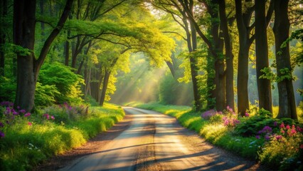 Naklejka premium Serene sunlit path through a lush green forest canopy with vibrant wildflowers along the roadside
