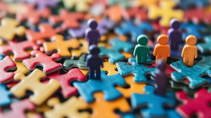 Colorful puzzle pieces with small figurines representing teamwork and collaboration.