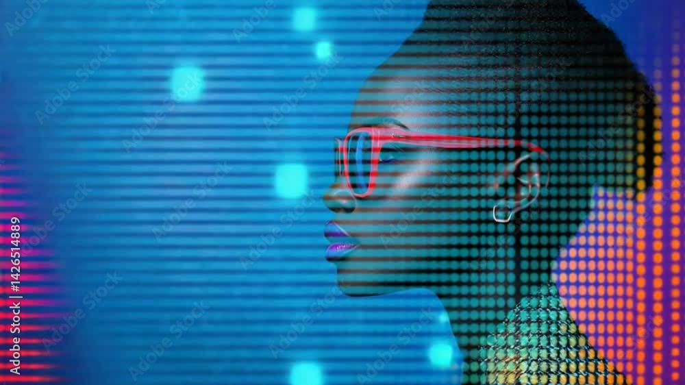 Poster abstract profile portrait with digital patterns and vibrant colors against a purple background highl