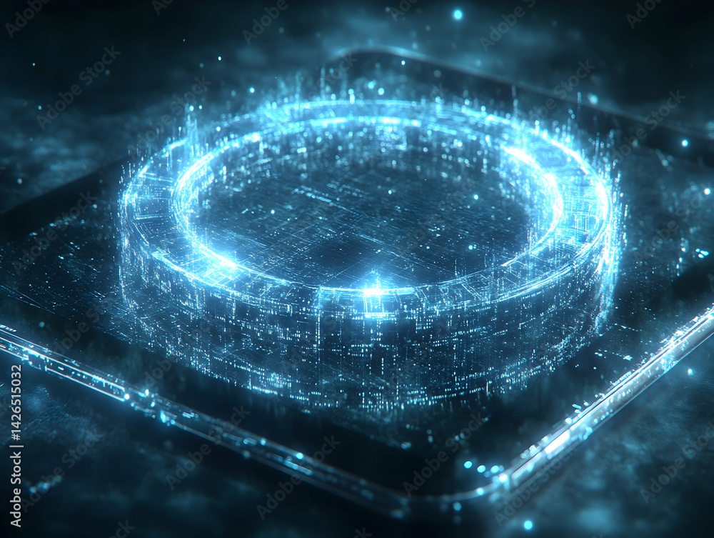 Poster a glowing ring hovers over a dark platform with digital patterns and sparkling particles in shades o
