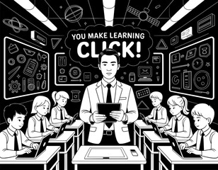 A black and white illustration of a teacher standing in front of a classroom, interacting with students who are working on laptops