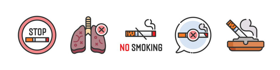 No smoking icon set with stop sign, text, lungs, cigarette and tobacco. Editable stroke and flat vector isolated on white background.