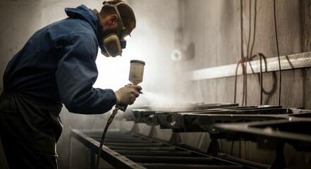 Caucasian male adult working spray painting metal parts in industrial setting