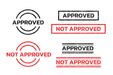 Approved and not approved text with stamp texture. Red and black stamp with rectangle and circle shape.