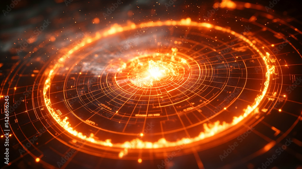 Aufkleber abstract fiery rings of data form concentric circles with center burst on a dark background