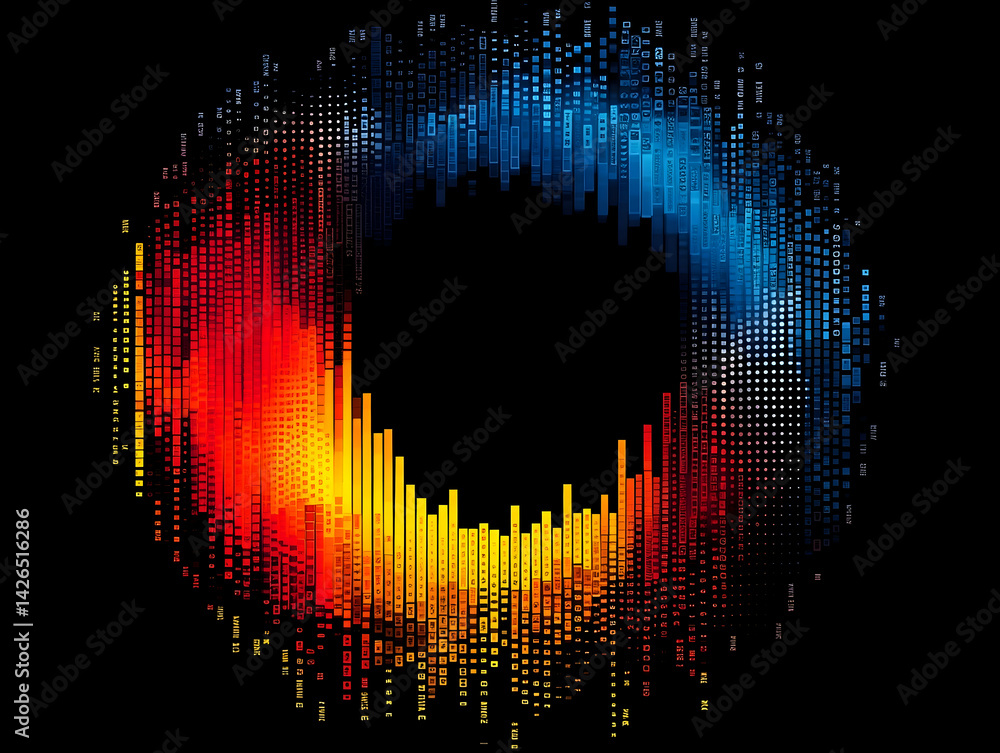Poster abstract geometric circle formed by squares and bars with a dark background
