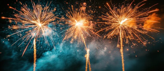 Fototapeta premium Night fireworks display, vibrant bursts, smoky sky, celebration