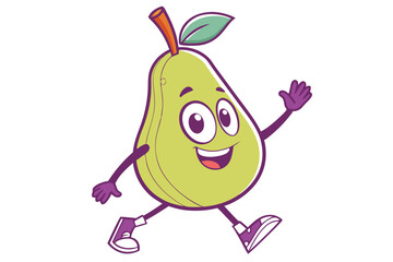 88 Cartoon pear character, bright green body, smiling face, big eyes, purple arms and legs, waving hand, orange stem, cheerful expression, vibrant colors, white background, simple design, cute fruit m