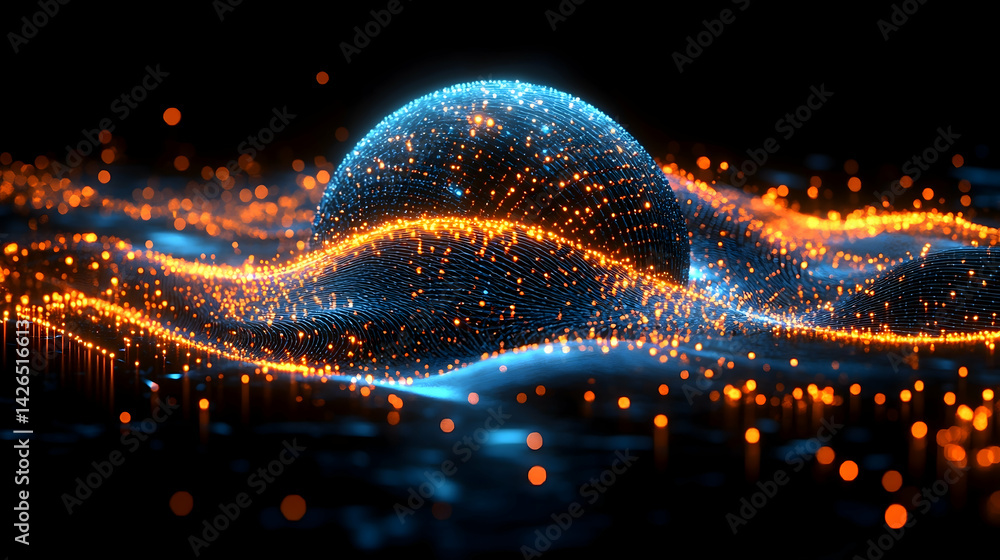 Aufkleber an abstract futuristic sphere on a dark background with glowing lines and dots of light