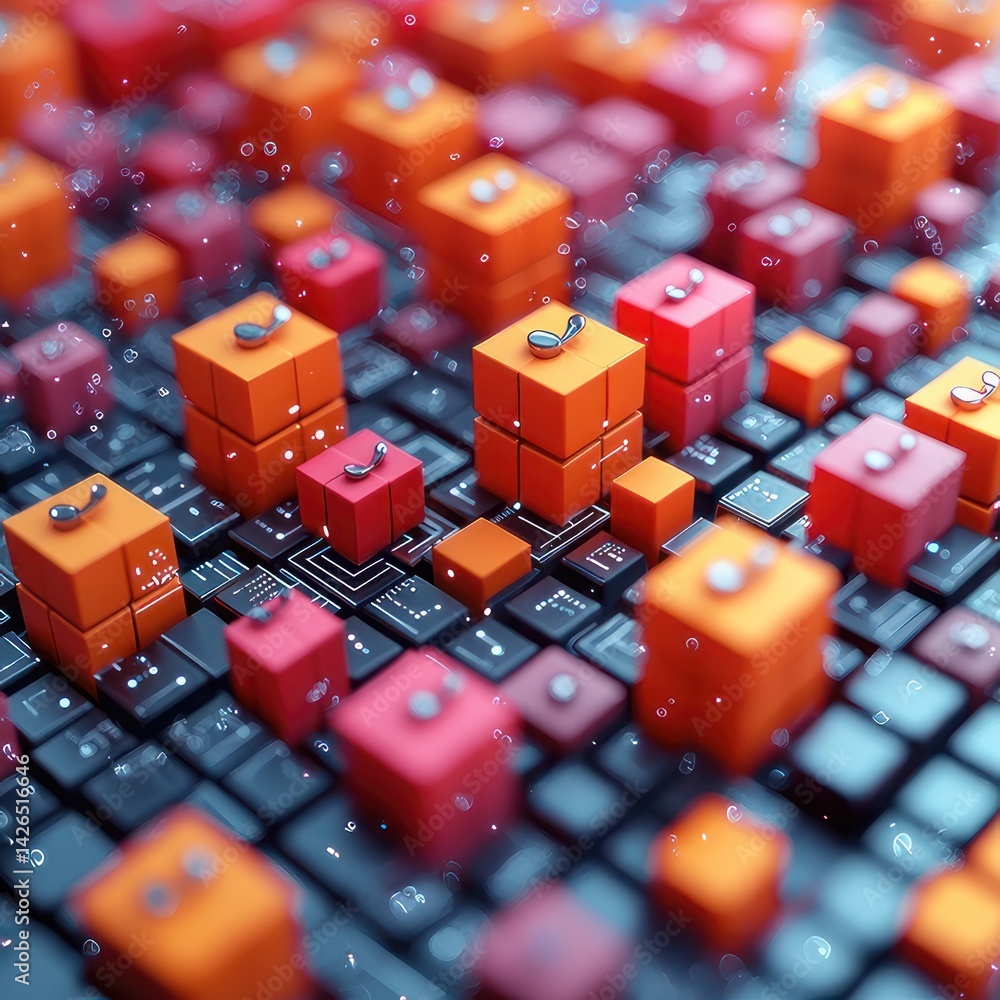 Poster abstract data cubes with musical note on circuit board technology