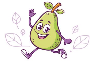 88 Cartoon pear character, bright green body, smiling face, big eyes, purple arms and legs, waving hand, orange stem, cheerful expression, vibrant colors, white background, simple design, cute fruit m