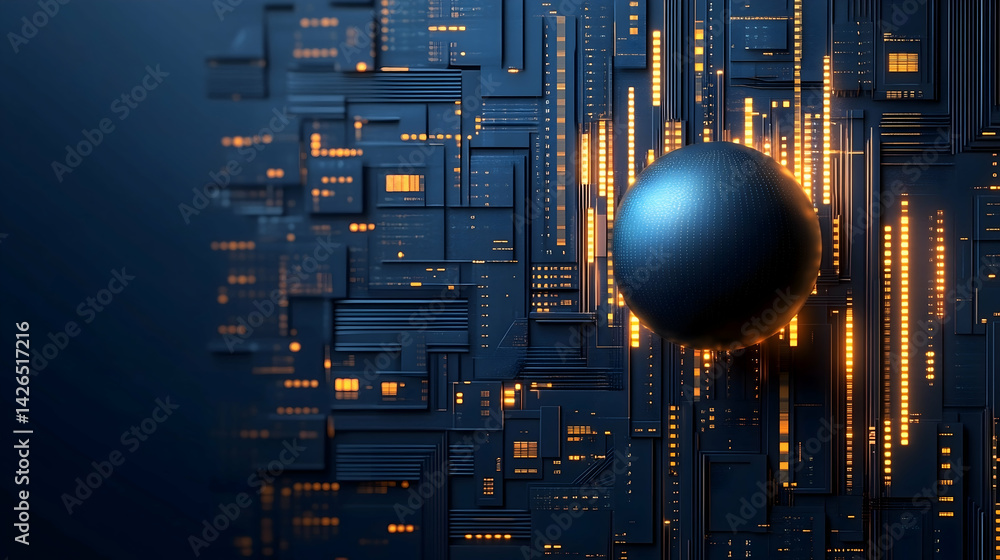 Poster blue circuit board with orange lights and a sphere in the center tech and futuristic design