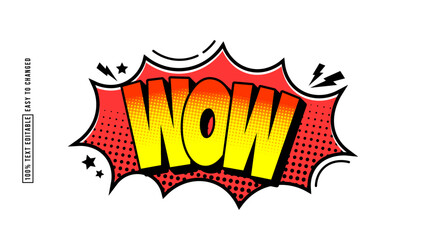 Comic-style text effect with bold, colorful typography and dynamic pop art elements like explosions, halftone patterns, stars, and clouds. Suitable for retro comic books, playful designs.