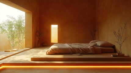 Sunrise bedroom, minimalist, warm tones, tranquil