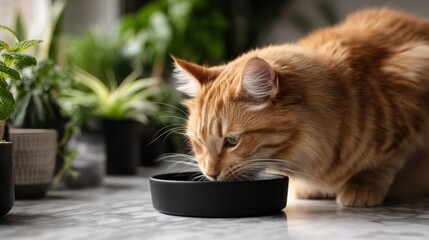 Ginger cat enjoys a meal from a black bowl.
