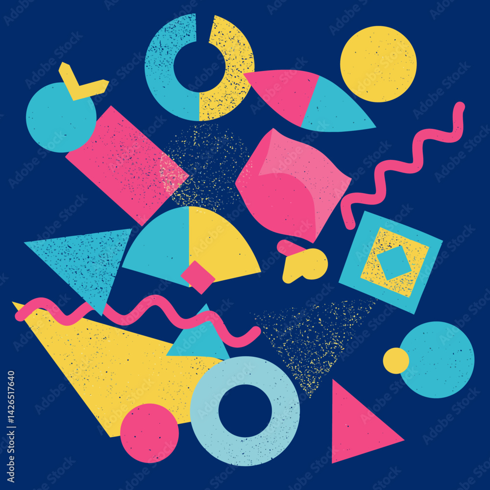 Poster overlapping shapes in vibrant color composition memphis stlye vector