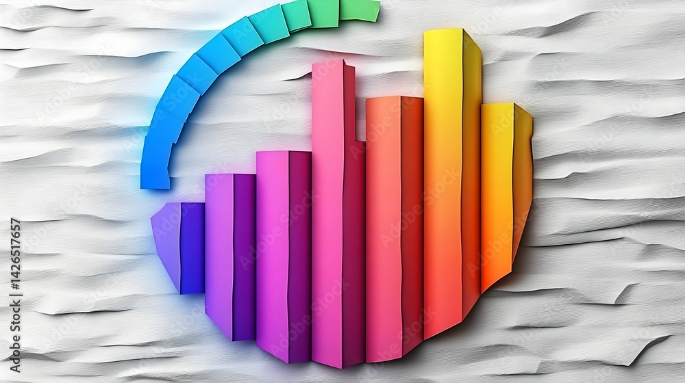 Poster colorful bar graph of increasing height arranged on textured white background with a semi-circle of 