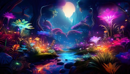 Fototapeta premium Glowing flowers and river crossing magical forest under moonlight