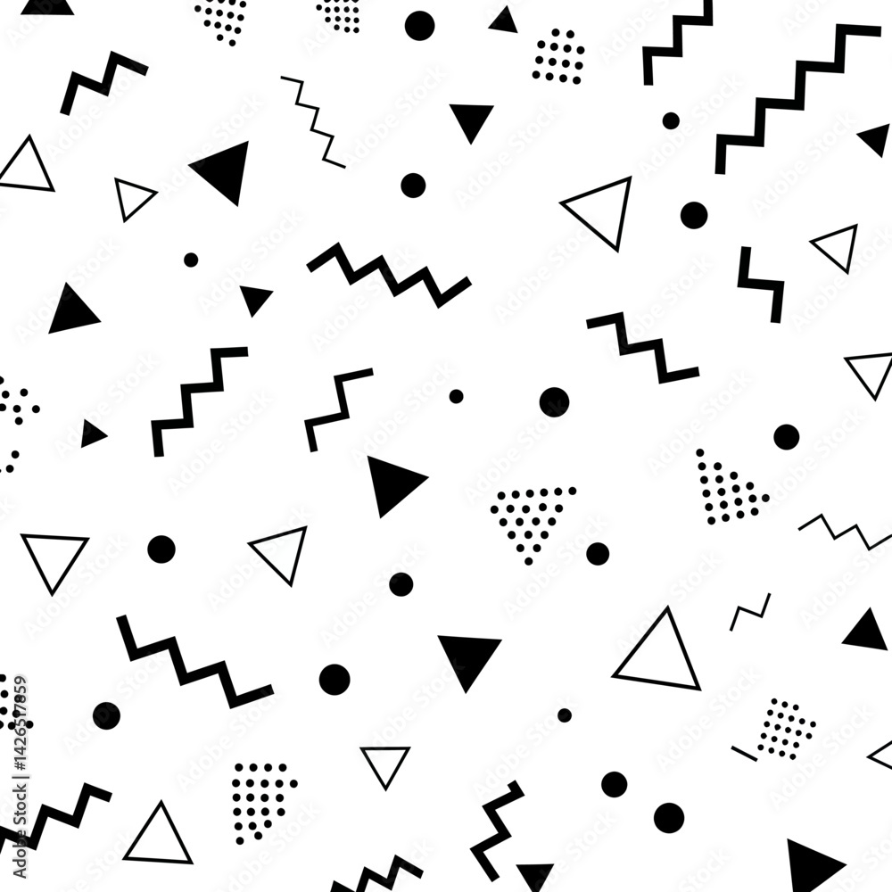 Poster playful geometric shapes floating randomly memphis stlye vector