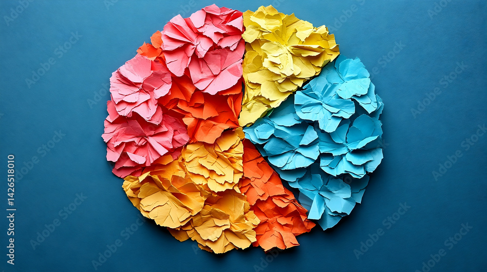 Poster colorful paper segments form an abstract circular design on a textured blue background