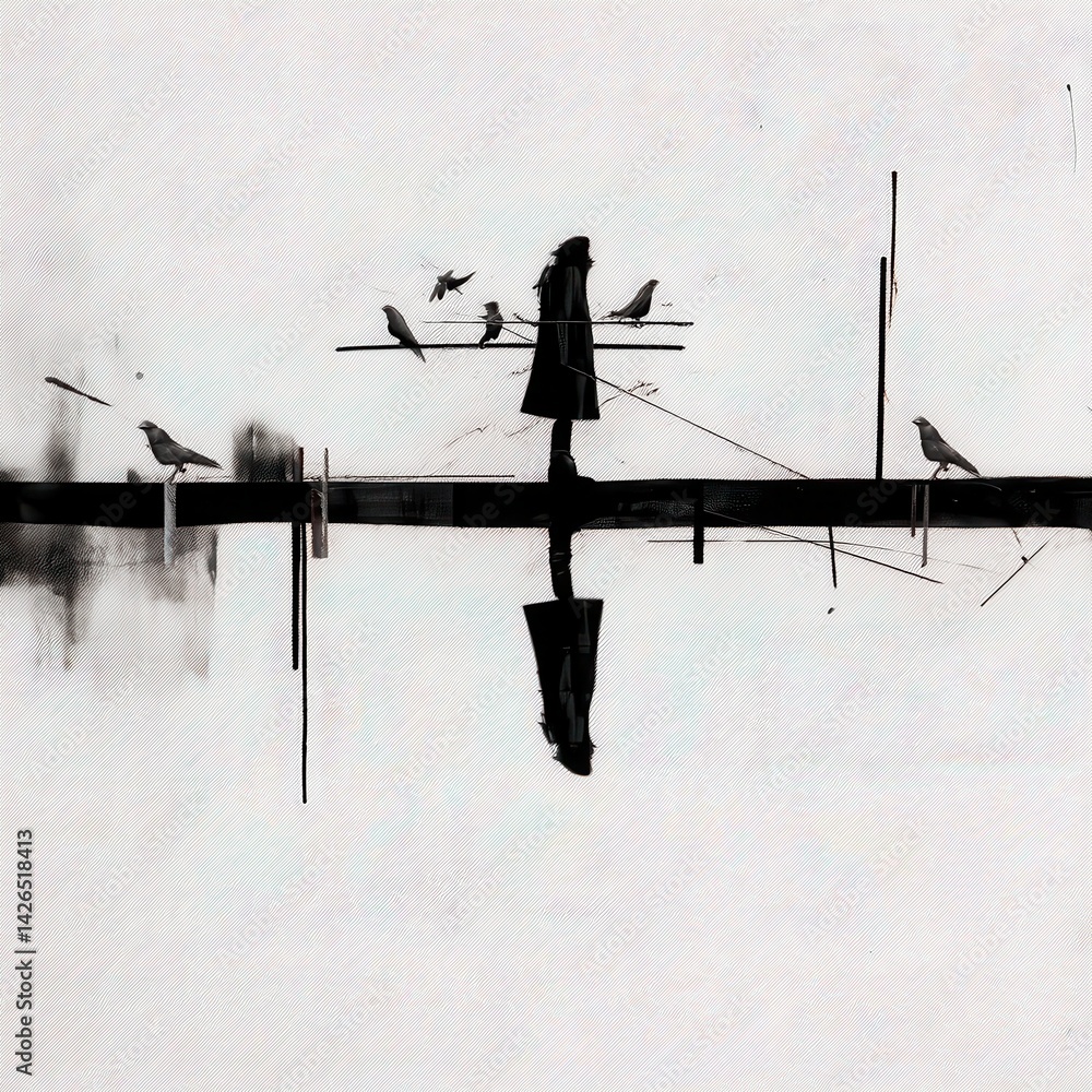 Aufkleber captivating double exposure art of birds on a pole with a silhouette of a person in complex composit