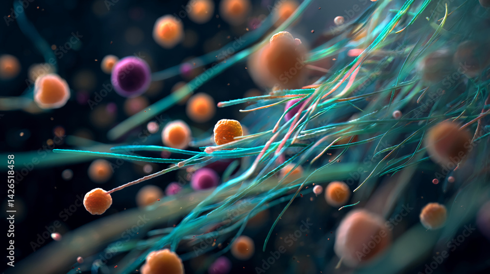 Poster Abstract image of colorful spheres and filaments, creating a dynamic and intricate composition, showcasing a sense of movement and energy, ideal for science or technology themes