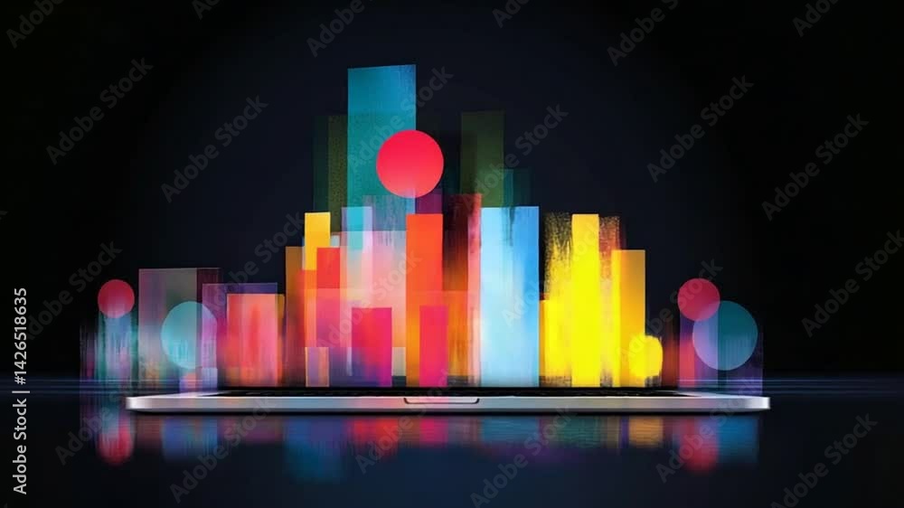 Poster abstract digital art with colorful geometric shapes and data visualization concept on laptop screen