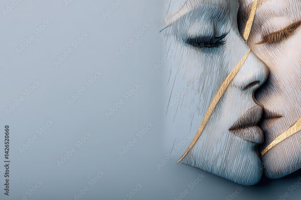 Poster artistic representation of double exposure concept featuring intertwined faces with textural element