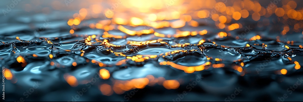Poster a close-up of shimmering water droplets reflecting warm light, creating an abstract, tranquil scene 