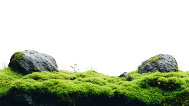 Nature's tranquil view mossy rocks and lush greenery. Isolated on transparent background, png.